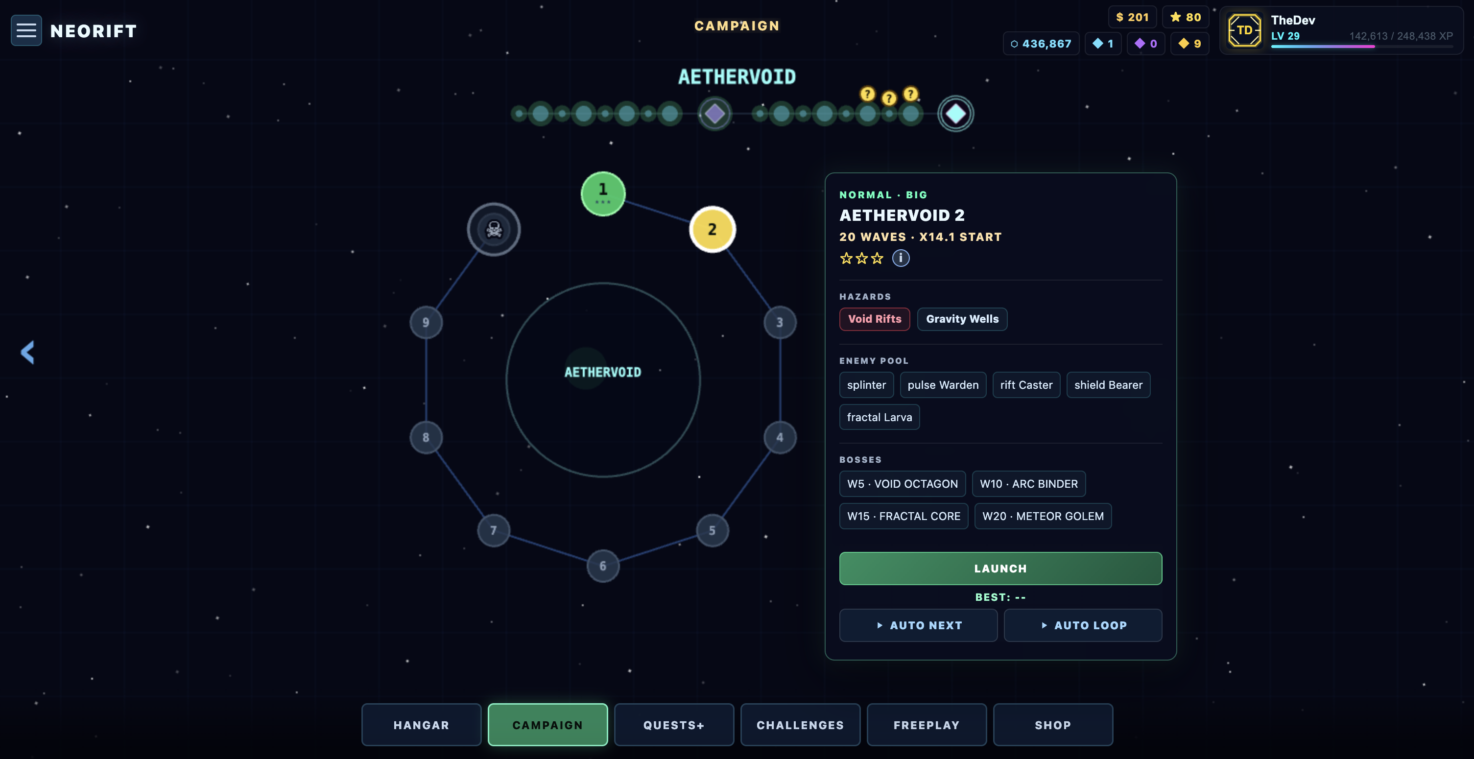 Neorift campaign planet map with stage detail, hazards, enemy pool, bosses, and launch button